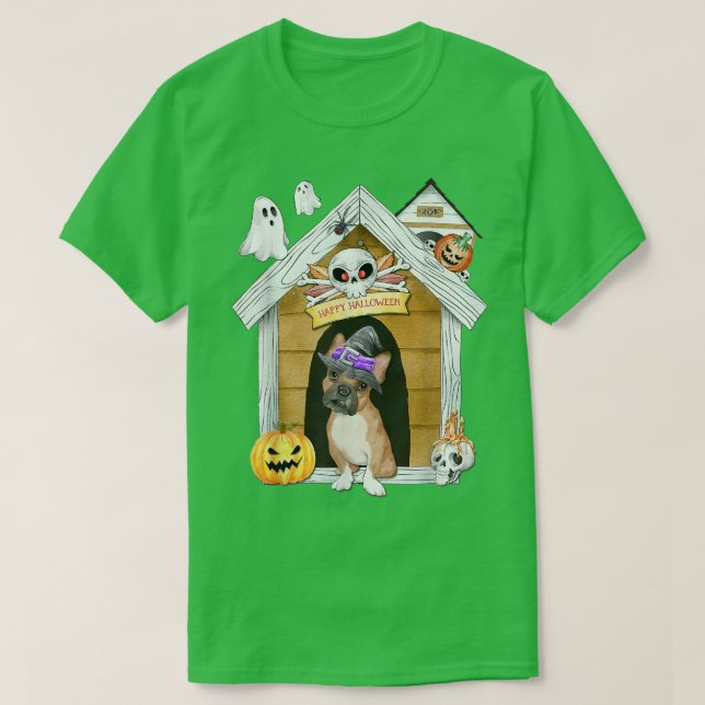 Halloween Frenchie Dog Witch Haunted House  T-Shirt (Design Front)