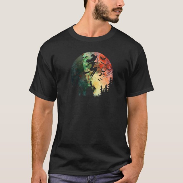 Halloween Frequent Flyer Flying Witch Full Moon Ca T-Shirt (Front)