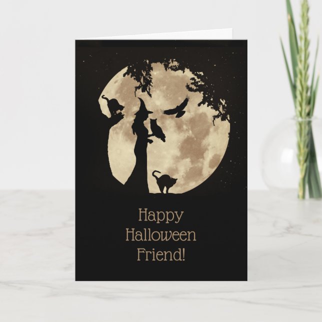 Halloween  Friend Whimsical Witch Cats Owl Raven Card (Front)