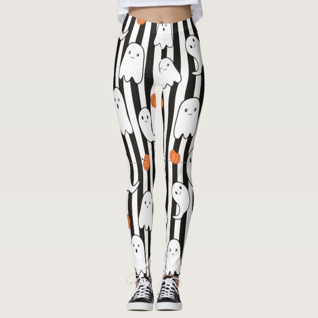 Halloween Friendly Ghost And Pumpkin Pattern Leggings (Front)