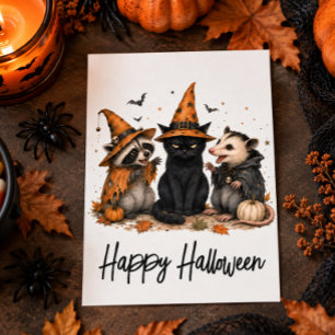 Halloween friends Cat Opossum and Racoon Postcard