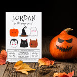 Halloween Friends Cute Modern Boy Birthday Party Invitation<br><div class="desc">This modern design features the birthday boy's name in big capital letters in one of my favourite decorative fonts, below, his age appears in cute script typography. Underneath, in the middle of the card, there are 6 Halloween friends: a pumpkin, a vampire, a witch's hat, a black cat, a ghost,...</div>