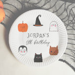 Halloween Friends Cute Modern Boy Birthday Party Paper Plate<br><div class="desc">A modern Halloween birthday design with a pumpkin, a vampire, a witch's hat, a black cat, a ghost, and a werewolf illustrated in a simple drawing style with spooky typography. A cute birthday paper plate to match our "Halloween Friends Cute Modern Boy Birthday Party" design. Browse the collection linked on...</div>