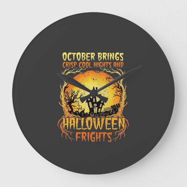 Halloween Frights Haunted House Full Moon Pumpkins Large Clock (Front)