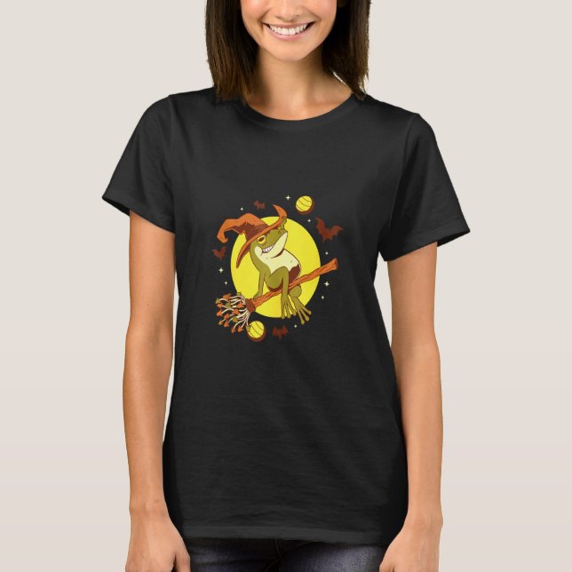 Halloween Frog Witch Flying With A Broom T-Shirt (Front)