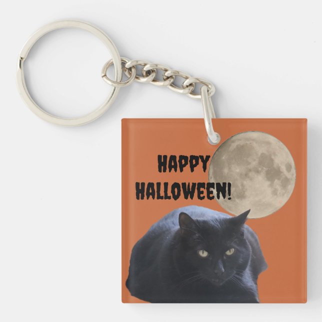Halloween Full Moon Black Cat Key Ring (Front)