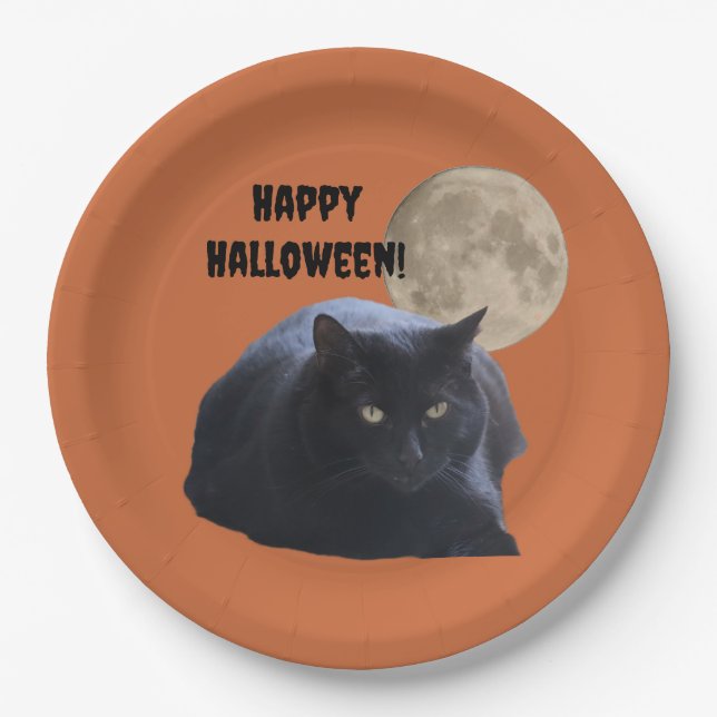Halloween Full Moon Black Cat Paper Plate (Front)