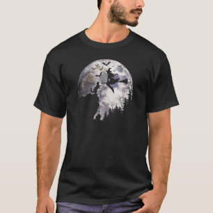 Halloween Full Moon Cat In A Cliff Witch Flying Ba T-Shirt