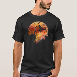 Halloween Full Moon Cat In A Cliff Witch Flying Ba T-Shirt