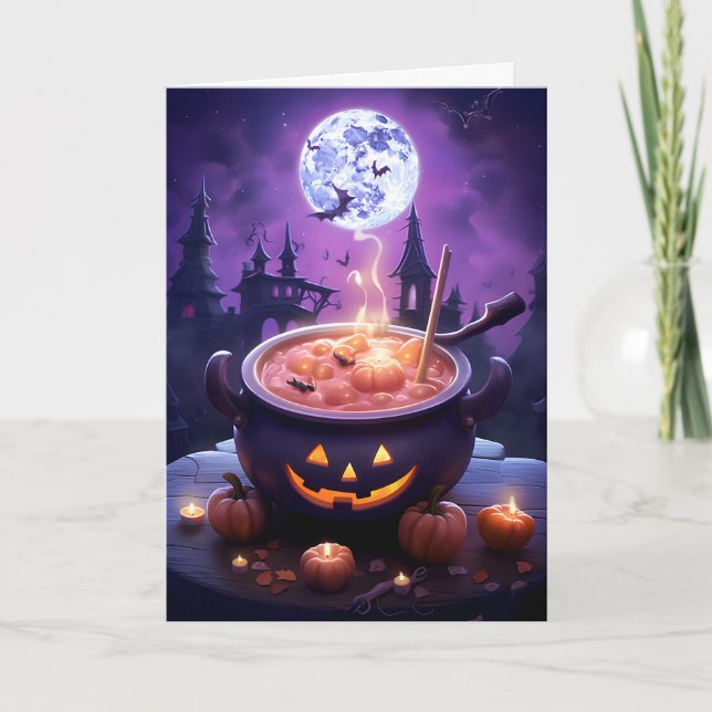 Halloween Full Moon Cauldron Illustration Card (Front)