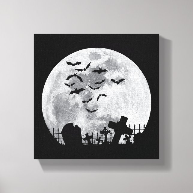 Halloween Full Moon Cemetery Graveyard Spooky Bats Canvas Print (Front)