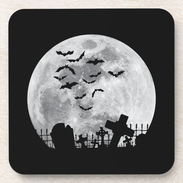 Halloween Full Moon Cemetery Graveyard Spooky Bats Coaster (Front)