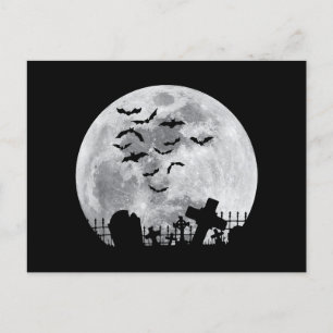 Halloween Full Moon Cemetery Graveyard Spooky Bats Holiday Postcard
