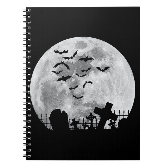 Halloween Full Moon Cemetery Graveyard Spooky Bats Notebook (Front)