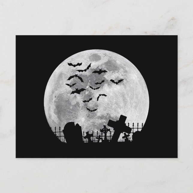Halloween Full Moon Cemetery Graveyard Spooky Bats Postcard (Front)