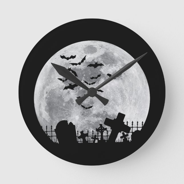 Halloween Full Moon Cemetery Graveyard Spooky Bats Round Clock (Front)