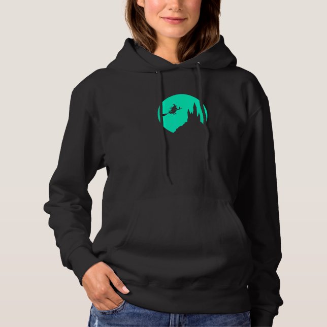 Halloween Full Moon Haunted Castle Flying Witch On Hoodie (Front)