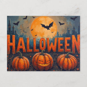 Halloween Full Moon Pumpkins and Bats Holiday Postcard