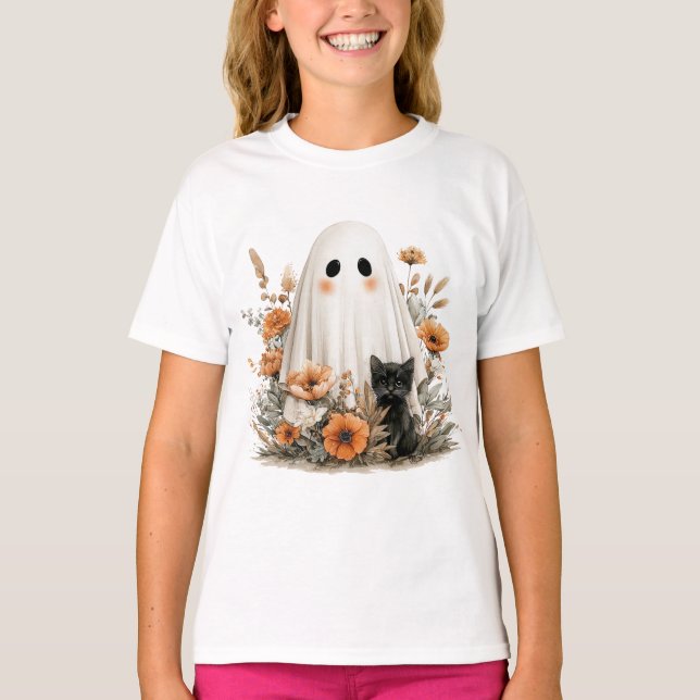 Halloween Fun T-Shirt - Cute Ghost & Kittie (Front)