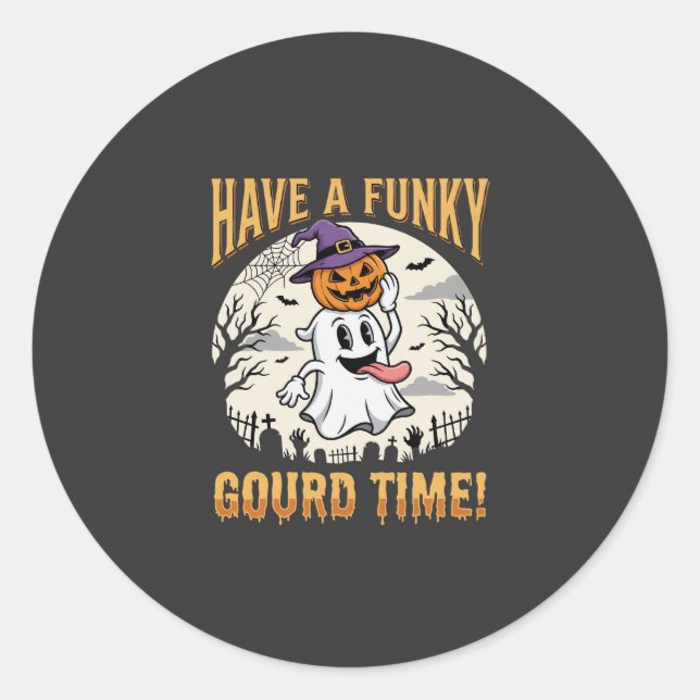 Halloween Funky Gourd Time Ghost Pumpkin Classic Round Sticker (Front)