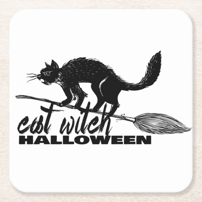 Halloween Funny Cat Witch On  Broomstick Square Paper Coaster (Front)
