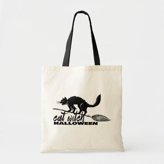 Halloween Funny Cat Witch On  Broomstick Tote Bag (Front)