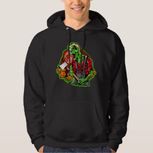 Halloween Funny Green Zombie Axe on Black  Hoodie