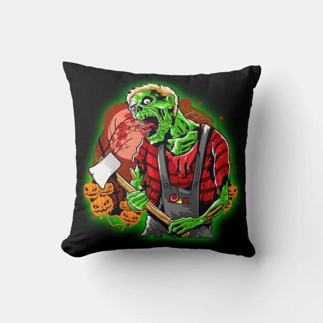 Halloween Funny Green Zombie Axe on Cushion (Front)