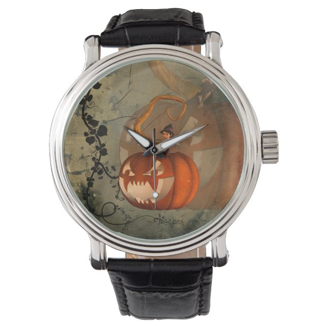 Halloween, funny pumpkin with cute witch watch (Front)