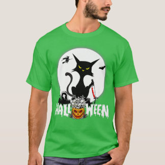 Halloween Funny Scary Cat Pumpkin Moon Night  T-Shirt