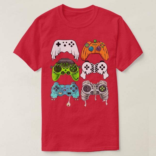 Halloween Funny Skeleton Zombie Gaming Controllers T-Shirt (Design Front)