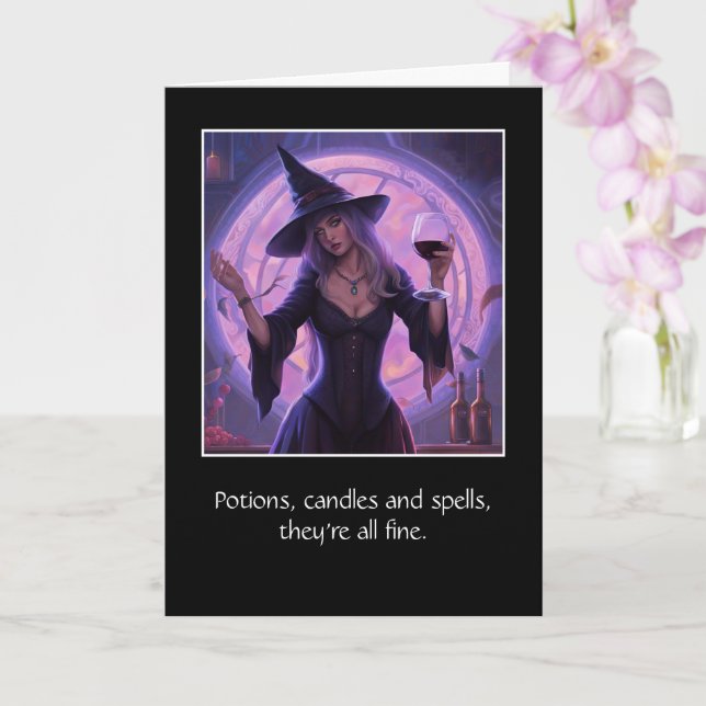 Halloween Funny Witch and Wine Cheers Card (Orchid)