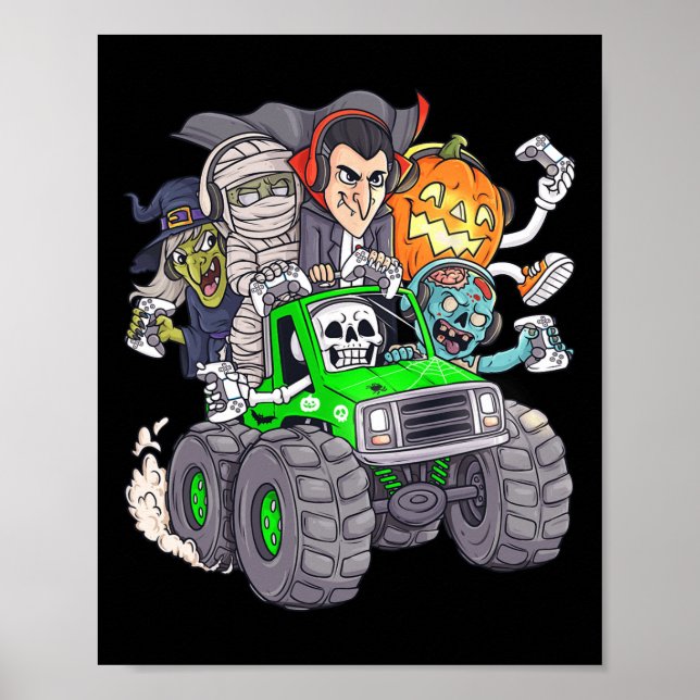 Halloween Gamer Skeleton Zombie Monster Truck Boys Poster (Front)