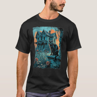 Halloween garden with black cat watcher. T-Shirt