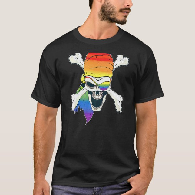 Halloween Gay Butt Pirate Scary Jolly Roger Rainbo T-Shirt (Front)