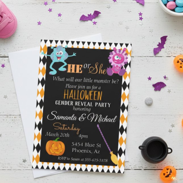 Halloween Gender Baby Reveal Party Monster Orange Invitation (Creator Uploaded)