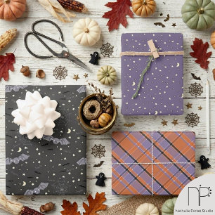 Halloween Gender Neutral Purple and Black Bats Wrapping Paper Sheet