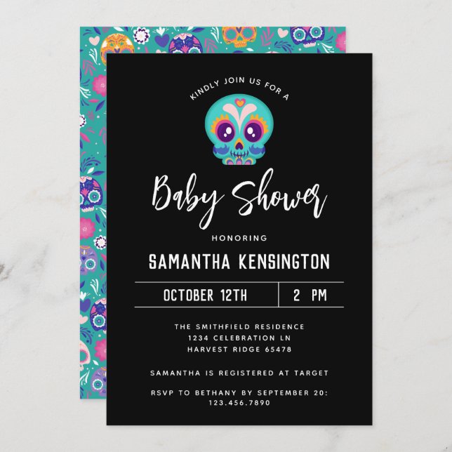 Halloween Gender Neutral Sugar Skull Baby Shower Invitation (Front/Back)