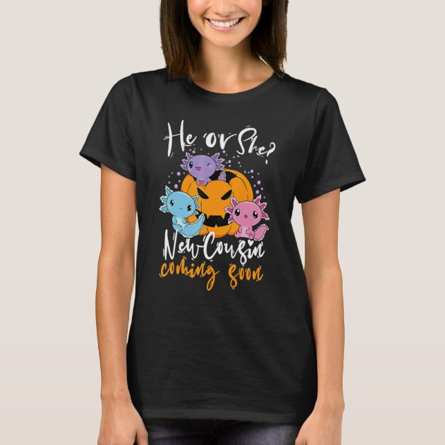 Halloween Gender Reveal He Or She Cousin Coming Bo T-Shirt (Front)