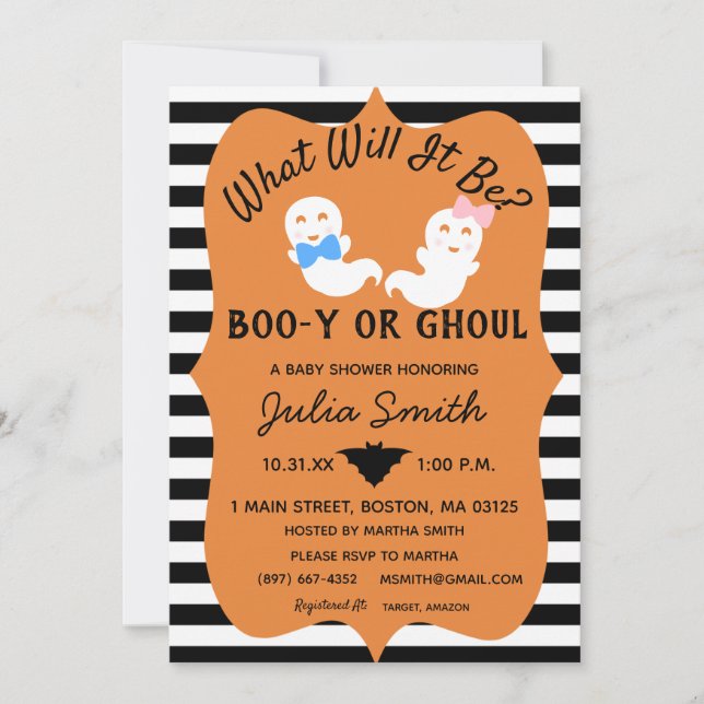 Halloween Gender Reveal Invite, Boo-y or Ghoul Invitation (Front)