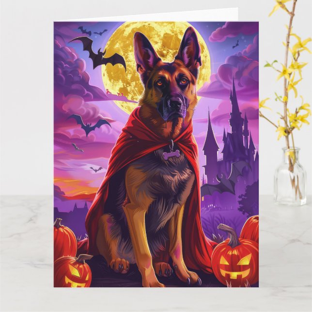 Halloween German Shepherd Vampire Pumpkins Scary  Card (Yellow Flower)
