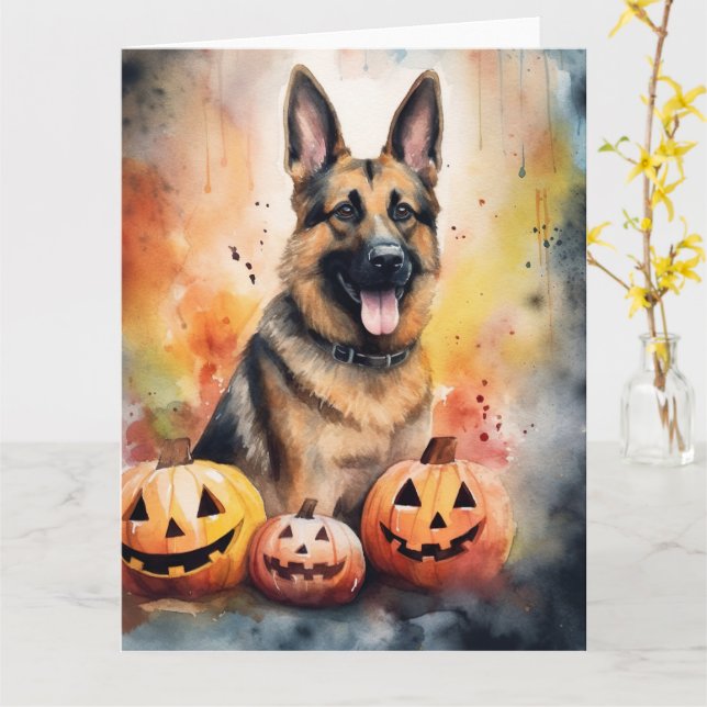 Halloween German Shepherd With Pumpkins Scary  Card (Yellow Flower)