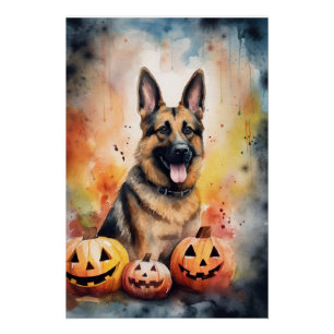 Halloween German Shepherd With Pumpkins Scary Poster
