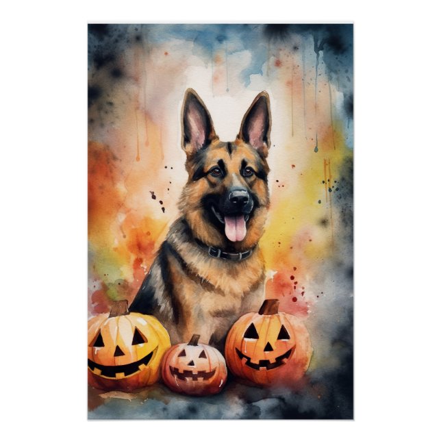 Halloween German Shepherd With Pumpkins Scary  Poster (Front)