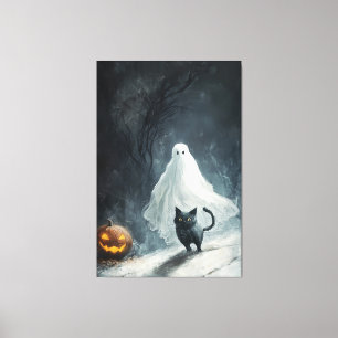 Halloween Ghost and Black Cat  Canvas Print