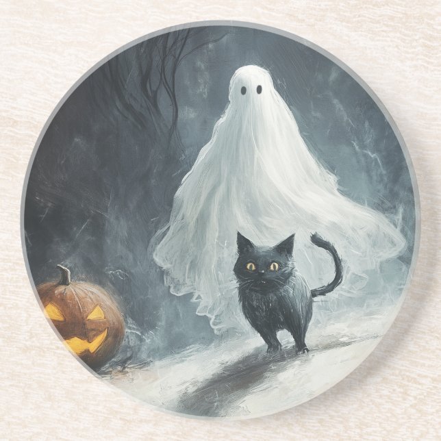 Halloween Ghost and Black Cat  Coaster (Front)