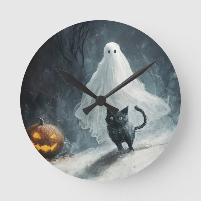 Halloween Ghost and Black Cat  Round Clock (Front)
