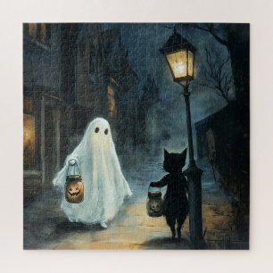 Halloween Ghost and Cat Encounter Jigsaw Puzzle