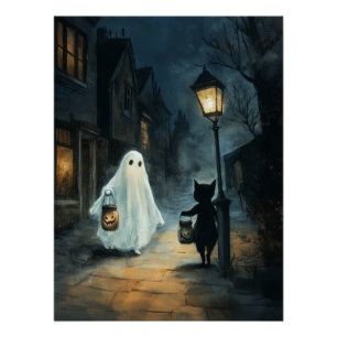 Halloween Ghost and Cat Encounter Poster