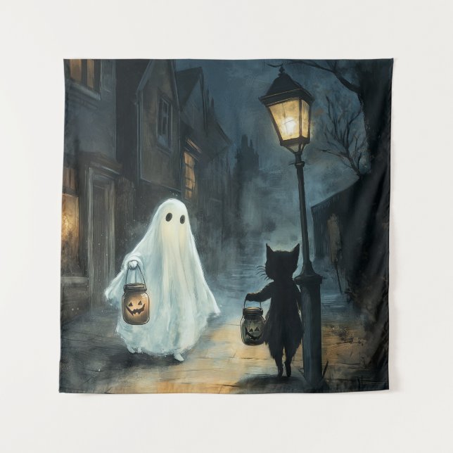 Halloween Ghost and Cat Encounter Tapestry (Front)